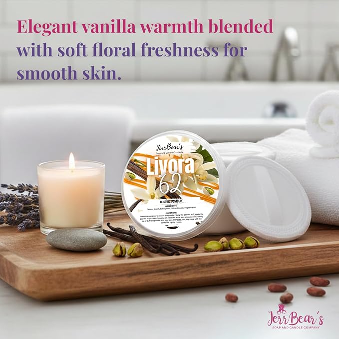 Liyora 62 Dusting Powder for Women, 4oz Jar | Talc Free Body Formula, Soft Scented Skin Care, Gentle Powder for Daily Freshness, Includes Puff Application
