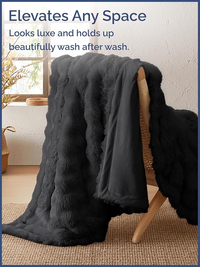 3D Fleece Bubble Blanket Throw Size - Rabbit Blanket - 50" x 60", Black | Soft Fluffy Faux Fur Blanket for Couch Sofa & Chair, Cozy Gifts for Women, Tie Dye Cloud Throw Bed Cover, Thick Plush Bedding
