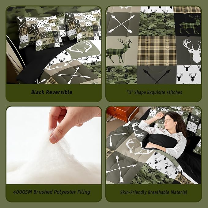 Feelyou Green Hunting Camo Twin Comforter Set with Sheets for Kids Boys Girls Rustic Western Deer 7 Pieces Bedding Set Camouflage Hunter Bed in a Bag Wildlife Animal Room Decor Soft