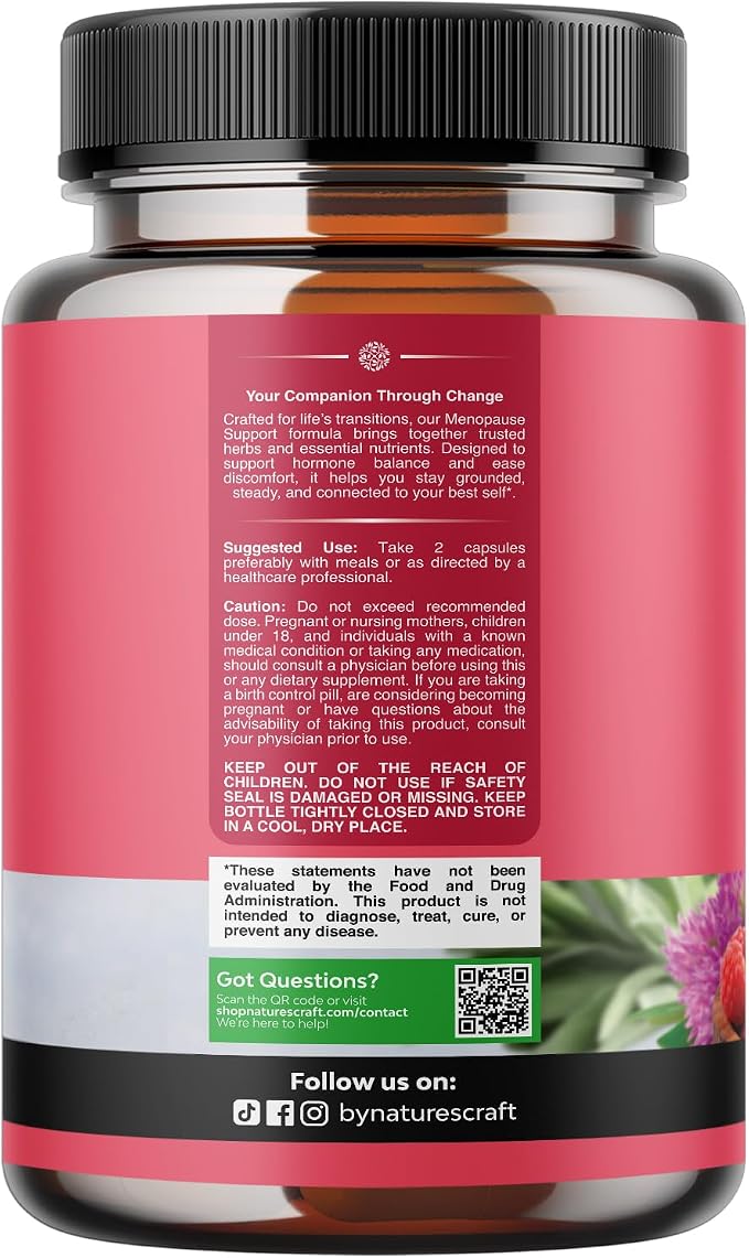 Natures Craft Complete Herbal Menopause Supplement for Women - Female Hormone Balance Capsules for Night Sweats Hot Flashes & Mood Swings with Dong Quai, Chaste Berry & Black Cohosh Root - 60 Count