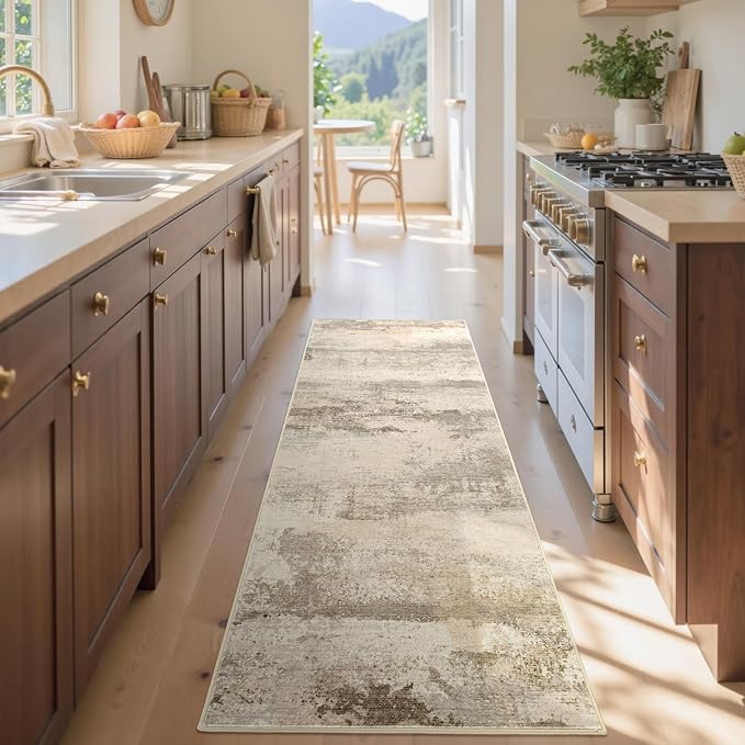 2x6 Ft Washable Runner Rug, Non-Slip Low Pile Hallway Kitchen Area Rug, Soft Abstract Long Entryway Floor Mat Print Pattern Carpet for Bedside & High-Traffic Areas (Pink-Brown/Light tan)