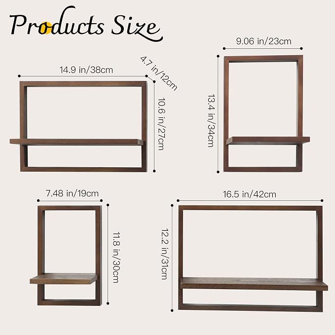 Floating Shelves for Wall,Decorative Wall Shelves,Plants Shelf Framed | Square Wall Decor,Art Sconces Artificial Vases Hanging Storage Shelf for Bathroom Living Room,Wood,Set of 4,Rustic Walnut