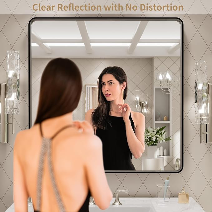 LOAAO 30x30 Inch Black Metal Framed Bathroom Mirror | Matte Black, Rounded Rectangle, Anti-Rust, Hangs Horizontally or Vertically