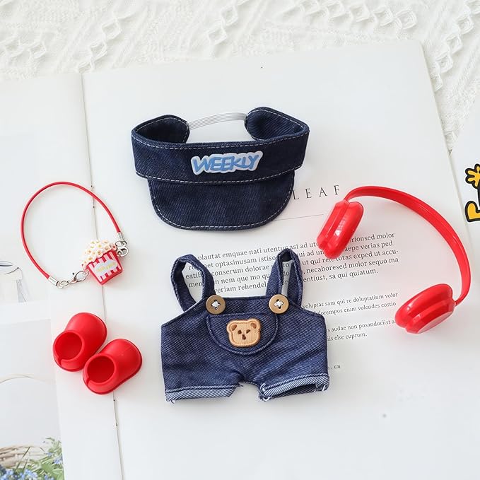 Clothes for Dolls Accessories, Stylish Kawaii Overalls Outfit Headphones Set 5 Pieces Suitable for 15cm 17cm Doll , Doll Hat Headset Boots Clothing Set Replacement