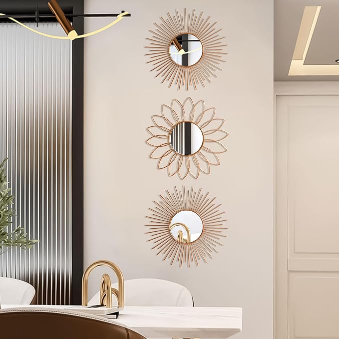 3 Pack Metal Mirrors for Wall Sunburst Wall Mirrors Home Décor Decorative Hanging Wall Art for Living Room Bedroom Entryway (Rose Gold2, Flower+Sunburst)
