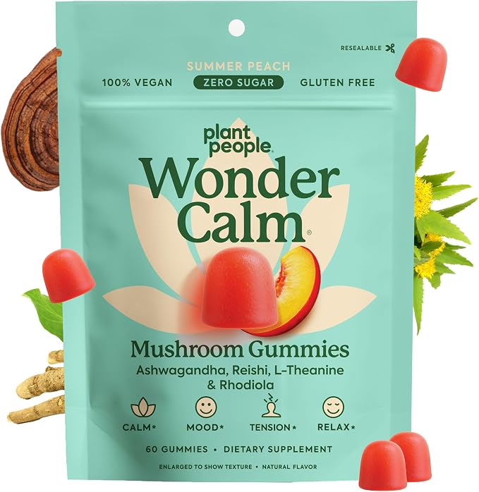 Plant People WonderCalm Mushroom & Ashwagandha Gummies - Natural Calm Gummies to Ease Stress & Boost Mood for Adults Without Sugar, Gluten or Artificial Colors, Vegan-Friendly, Peach Flavor, 60 Count