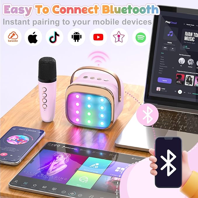 FLUESTON Mini Karaoke Machine for Kids Adults, Portable Bluetooth Speaker with 2 Wireless Microphones, Toys for Girls Ages 3, 4, 5, 6, 7, 8, 9,10,11,12+ Years Old, Birthday Valentines Gifts for Kids