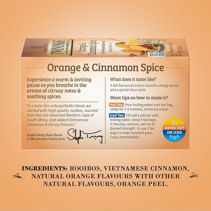 Twinings Orange & Cinnamon Spice Tea, Naturally Caffeine-Free Sweet and Spicy Tea with Rooibos, Orange, and Cinnamon, Herbal Tea Bags Individually Wrapped, 20 Count