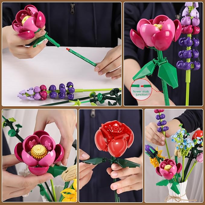 Flowers Bouquet Building Set, Botanical Collection Artificial Flower with Vase, Rose, Sunflower, Hydrangea, Jasmine for Home Decor, Plants Gifts for Mother's Day Anniversary Adults Women Girls