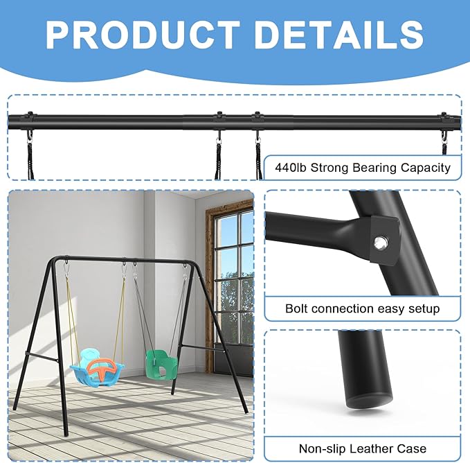 Swing Frame,2 Seats Swing Stand with Ground Stakes, Heavy Duty Thickened Metal A Stand Frame Supports up to 440lbs,for Indoor Outdoor Kids and Adults(Without Seat)
