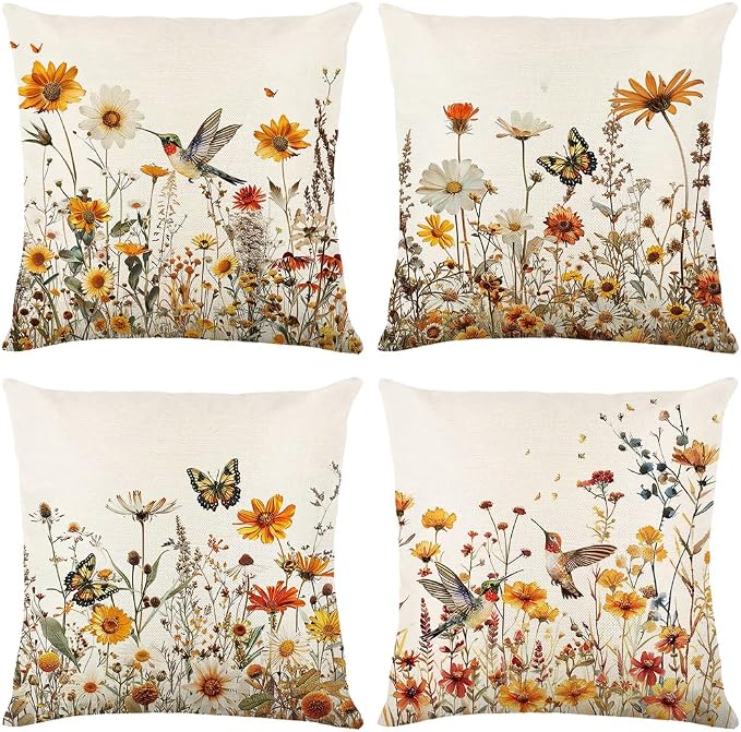wyooxoo Spring Pillow Covers 18x18 Set of 4 Farmhouse Summer Throw Pillow Covers Floral Decorative Cushion Cases for Sofa Couch Outdoor Bedroom