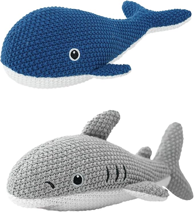 Crochet Stuffed Animals 2-Pack (Shark & Whale), 10 Inches Soft Cotton Ocean Plush Toys, Cute Hand-Crocheted Sea Plushies, Birthday for Boys Girls Kids & Adults