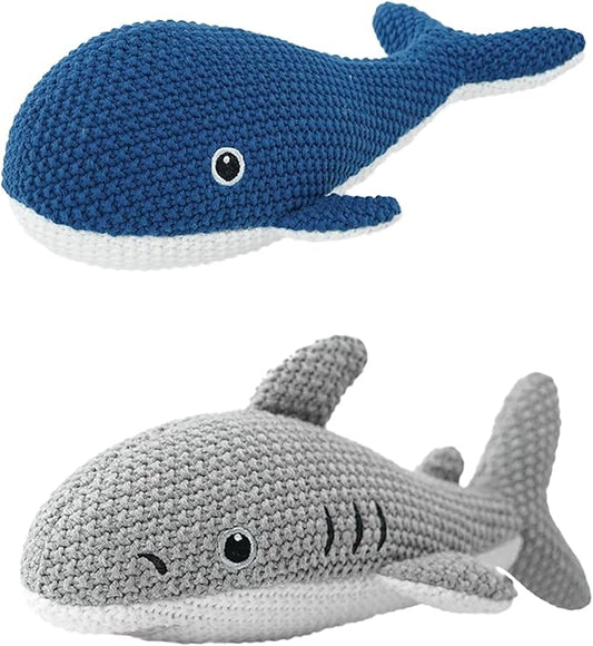 Crochet Stuffed Animals 2-Pack (Shark & Whale), 10 Inches Soft Cotton Ocean Plush Toys, Cute Hand-Crocheted Sea Plushies, Birthday for Boys Girls Kids & Adults