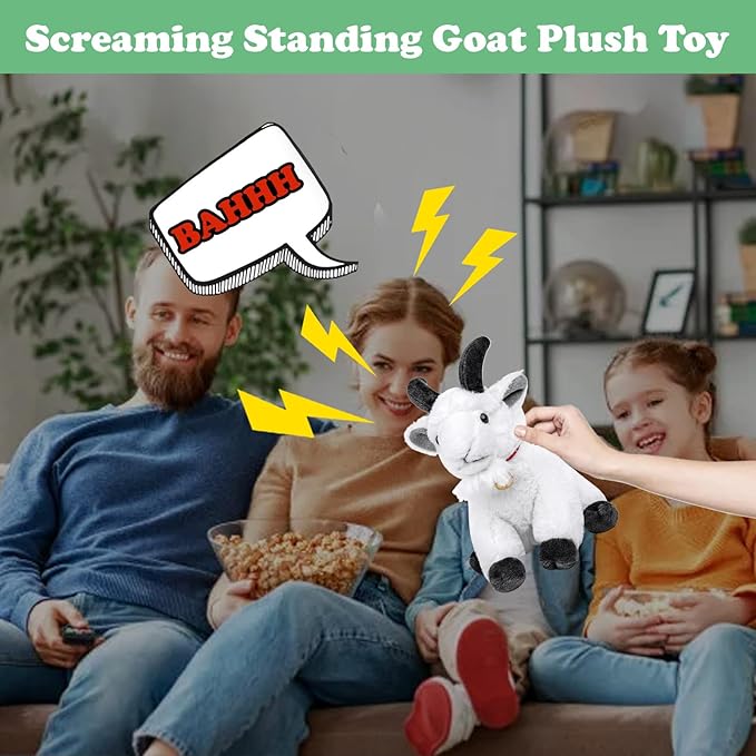 Screaming Sitting White Goat with Bell Plush Animal Toy 10in, Realistic Screaming Goat Plush Toy, Cute and Funny White Goat Animal Plushies Model Gift Collection for Kids