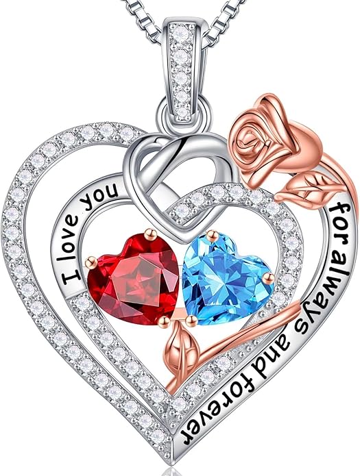 Iefil Valentines Day Gifts for Her Wife - 925 Sterling Silver Double Birthstone Necklace, Anniversary Birthday Gifts for Women, Jewelry Gift for Wife Girlfriend Mom Her