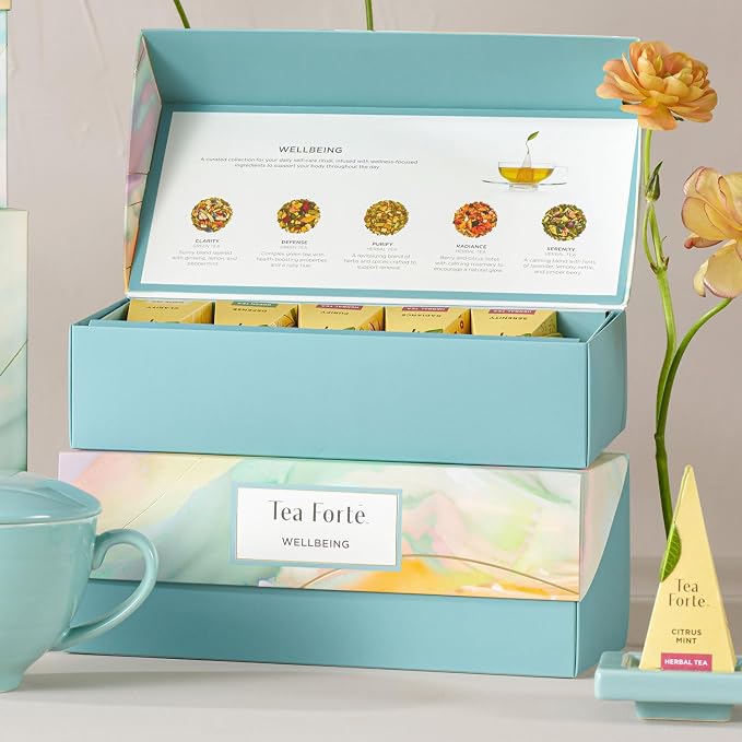 Tea Forte Premium Presentation Box Gift Set Sampler, 20 Count, Assorted Blends Individually Wrapped Handcrafted Pyramid Infuser Bags, Wellbeing