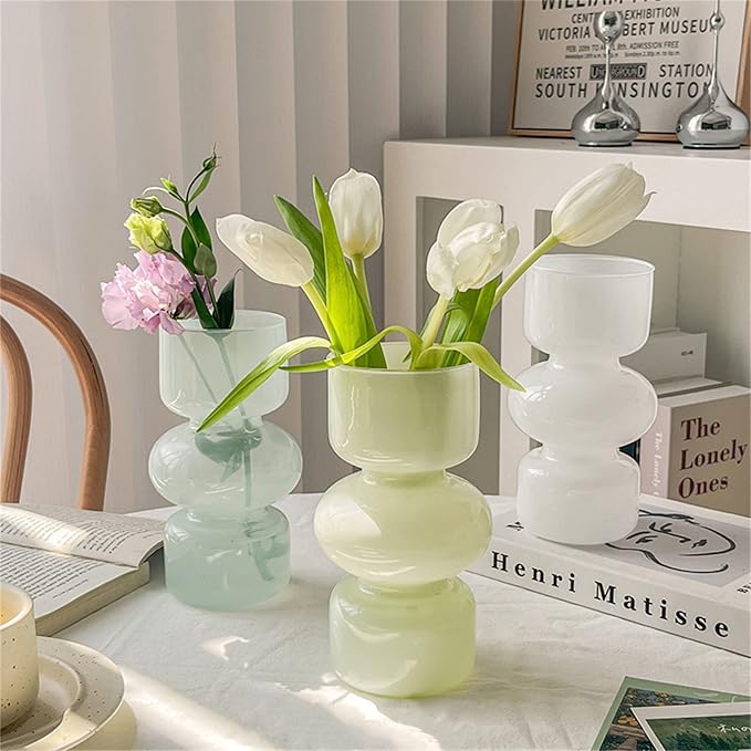 JSPYFITS Glass Hydroponic Flower Vase, 7 Inches Colored Bubble Vase for Flowers, Three-Layer Funky Vase for Home/Office/Weddings/Party Table Flowers Decor, Milky Green