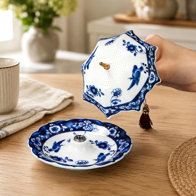 Umbrella Shape Ceramic Tea Strainer with 360° Rotating Drip Tray, Blue and White Porcelain Loose Leaf Tea Filter for 2.5-4 Inch Cups, Mugs and Teapots, Dishwasher Safe Reusable Tea Bag Alternative