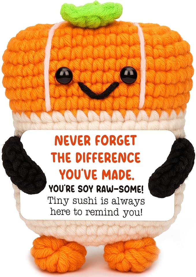 Mini Thank You Gift for Woman Coworkers Friends Teacher Appreciation Gifts-Emotional Handmade Positive Crochet Sushi for Retirement,Goodbye, Farewell, Christmas Stocking Stuffe, White Elephant Ideas