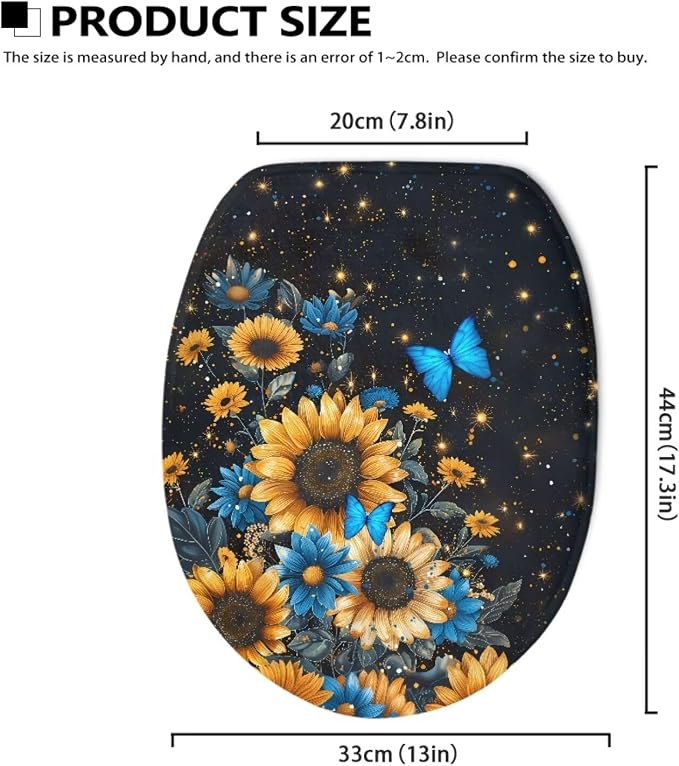Butterfly Toilet Seat Cover with Elastic Band Sunflower Toilet Seat Dust Cover Soft Bathroom Replacement Butterflies Universal Fit Elongated Oval Round Lid Easy to Clean