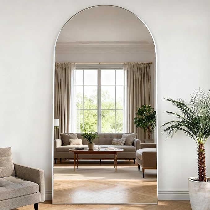 Arched Floor Mirror 198x96 cm Silver Arch Full Length Mirror with Stand Large Wall Full Body Standing Hanging or Leaning Against Wall for Bedroom Entry, Living Room