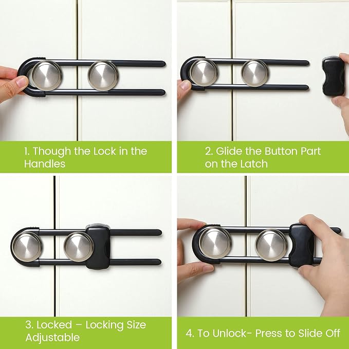 Jetec 10 Pack Baby Cabinet Locks, No Adhesive No Drill Child Safety Locks for Cabinets with Knobs or Handles, Adjustable U-Shaped Child Proof Latches for Cupboards, Fridge, Closet, Pets(Black)