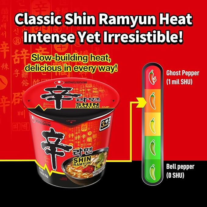 Nongshim Shin Ramyun Cup of Noodles, Spicy Signature Korean Instant Ramyun, Rich Beef Flavored Broth, Quick and Easy, Microwaveable Cup, 2.64 oz (Pack of 6)