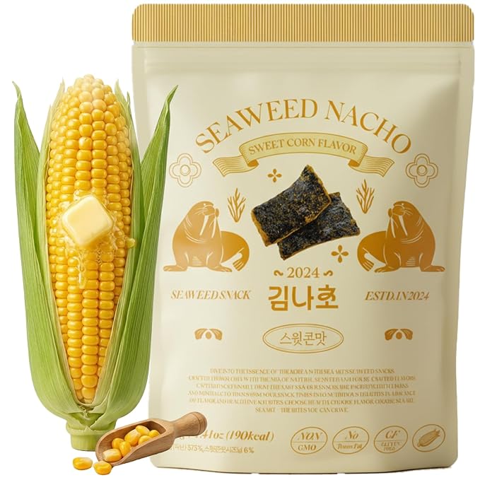 Korean Food Seaweed Nachos, Sweet Corn Flavor, Low-Sugar, Crispy Snack, 40g | Light and crispy seaweed snack with sweet corn flavor and a satisfying crunch