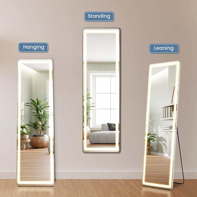 OLIXIS LED Full Length Mirror with Lights, Full Body 16"x60" | Standing Lighted Floor, 3 Color Lighting, Wall Mounted Bedroom Bathroom Entryway, Tempered Glass