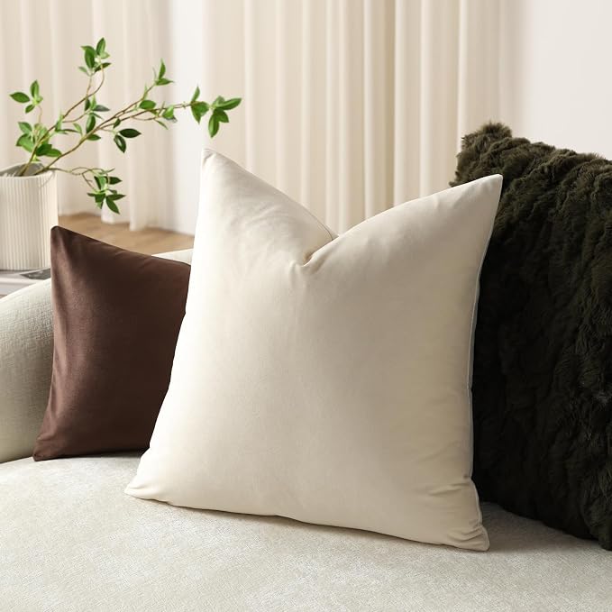 Throw Pillow Covers 22x22 Cream: Pack of 2 Cozy Soft Velvet Square Modern Luxury Decorative Throw Pillow Cases for Sofa Couch Living Room Bed Home Decor