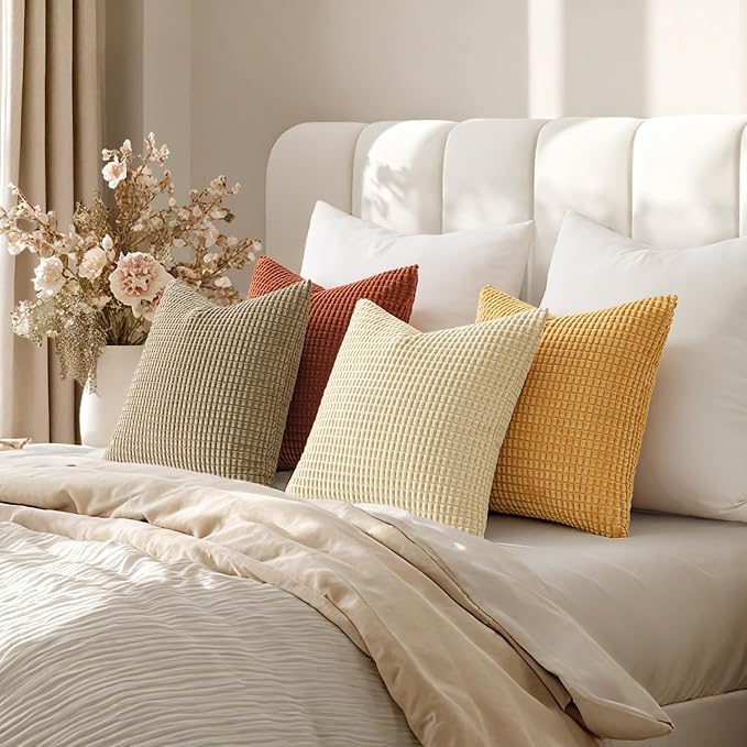 MIULEE Fall Decorative Pillow Covers 18x18 Inch Set of 4 Terra Cotta | Modern Farmhouse Natural Rustic Pillows, Neutral Warm Soft Corduroy Couch Pillowcases, Home Decor for Sofa Living Room Bed
