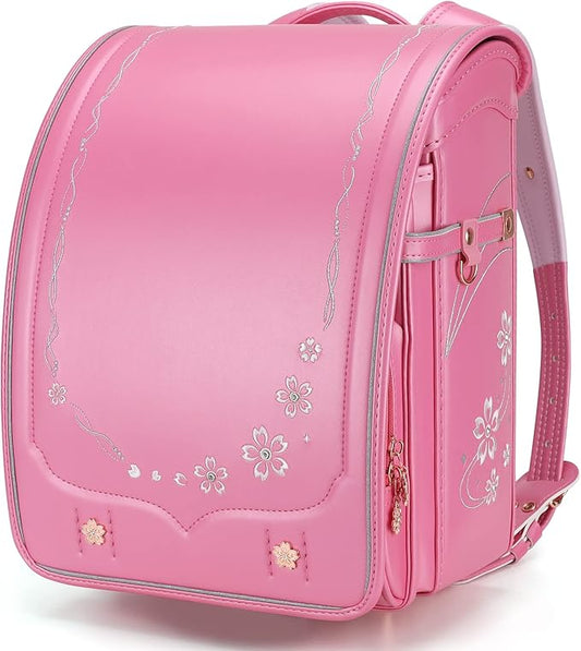 IwaiLoft Ransel Randoseru Backpack Automatic Satchel Japanese School Bag Cherry Blossom Sakura Embroidery PU Bookbag for Girls (Pink)