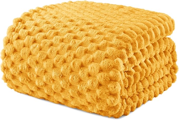 Exclusivo Mezcla 3D Fleece King Size Blanket for Bed, Mustard Yellow | Extra Soft Fuzzy Plush Lightweight Bed Blankets, Cozy Fluffy Decorative Blankets for All Seasons, 90x104 Inches