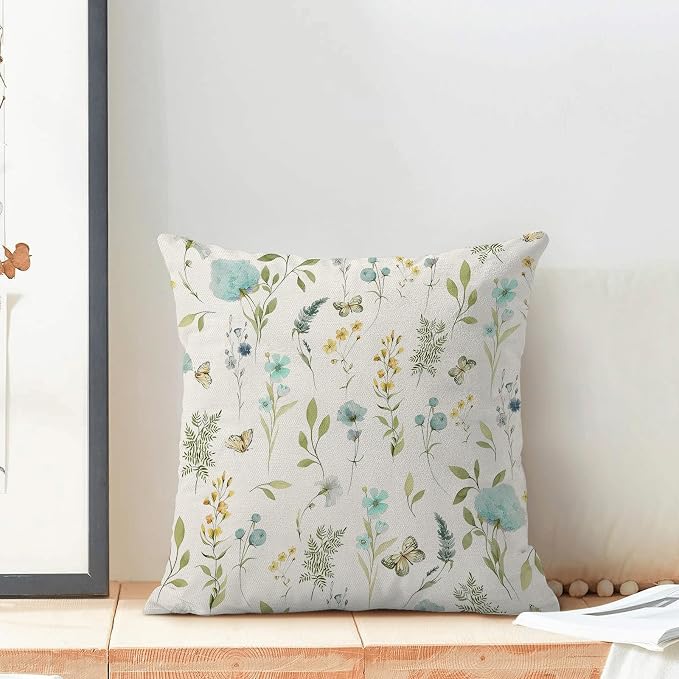 Spring Pillow Covers 20x20 Inch Set of 2, Aqua Teal Sage Green Wild Flower Throw Pillows Case,Colorful Seasonal Floral Plant Outdoor Decorative Farmhouse Decor Cushion Covers for Sofa Bed Couch