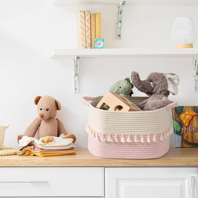 TeoKJ Storage Baskets 2 Packs, Storage Basket for toys,Towel, Storage Bins, Woven Basket for Shelves Bedroom Laundry Nursery, White & Pink