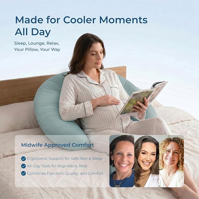 Momcozy Pregnancy Pillows with Cooling Cover, J Shaped Maternity Body Pillow for Pregnancy, Breathable & Stretchy Cooling Fabric, Full Body Support for Head, Neck, Belly, HIPS, Mist Blue