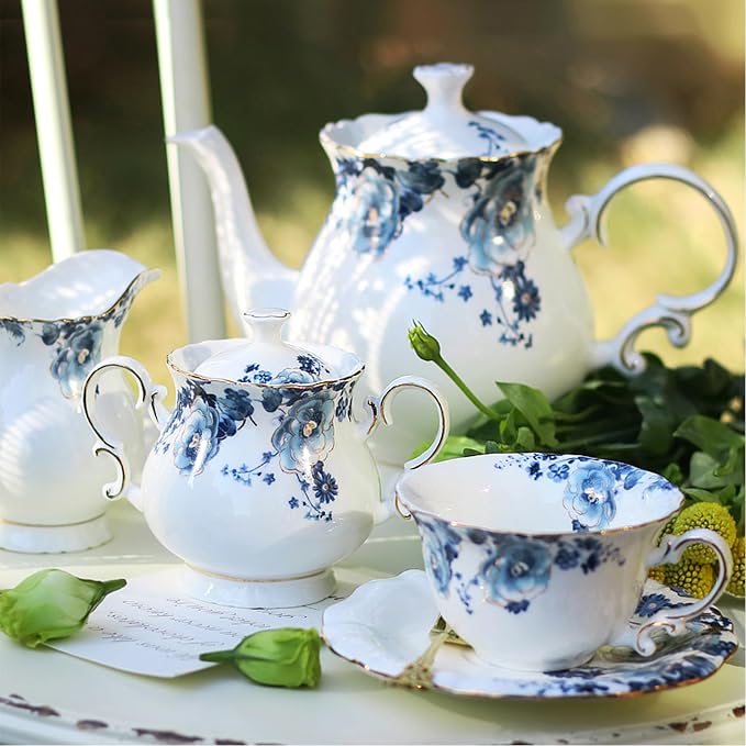 21-Piece Bone China Tea Set for Adults, Blue and White Porcelain Tea Set for 6, Vintage Floral Tea Cup Set With Teapot, Tea Party Sets for Women Gift，Gift Box