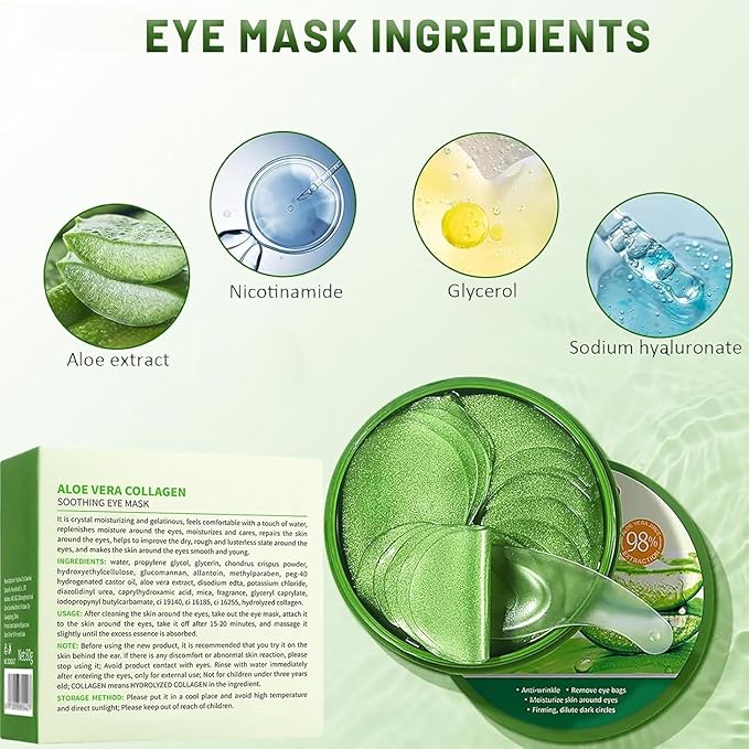 Under Eye Patches for Puffy Eyes and Dark Circles – 60 PCS Aloe Vera Under Eye Mask with Pure Natural Extracts to Combat Puffiness, Fine Lines, Wrinkles, and Bags, Parches Para Ojeras Y Bolsas