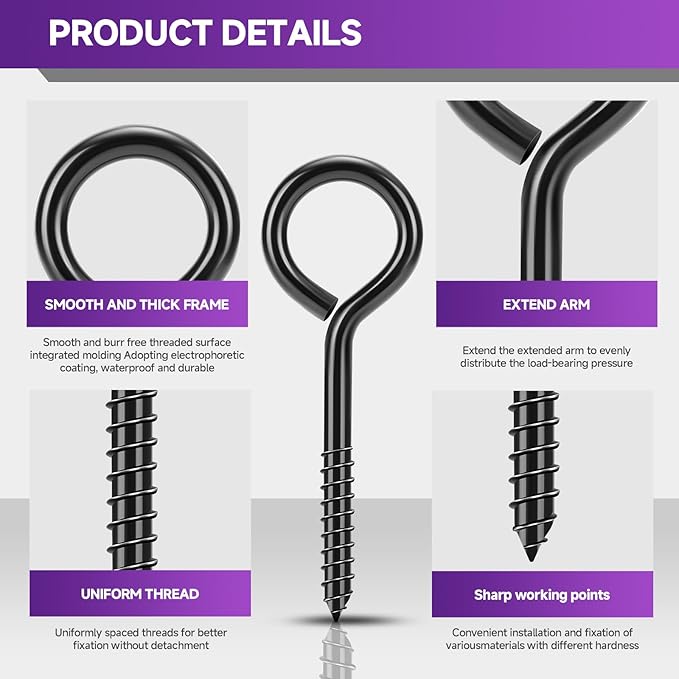 5.2 inch Eye Bolts - 10 Pcs Eyes Hooks Screw Heavy Duty 500 lbs Breaking Strength Black Rust-Resistant, Self Tapping Eyelet Screw for Wood Securing, Hammock Stand, Indoor & Outdoor Use