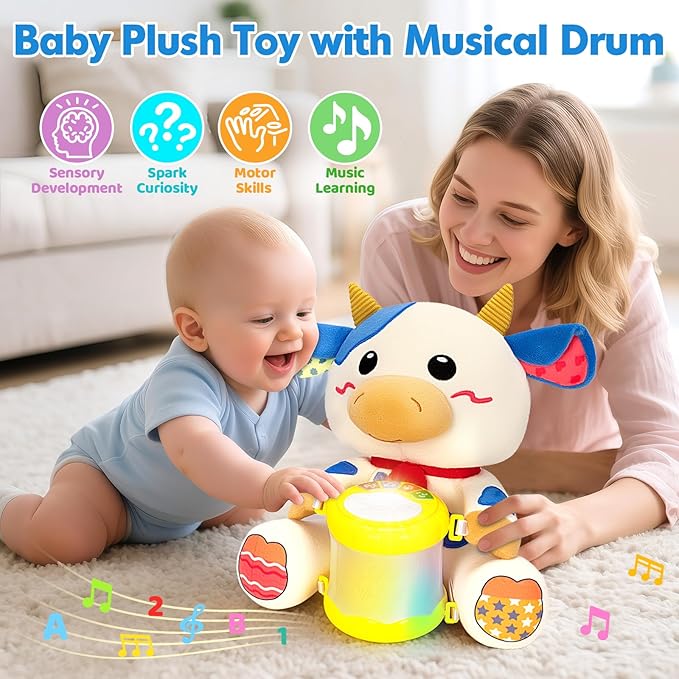 Baby Toys 6-12 Months, Cow Musical Plush with Lights, ABCs, Animal Sounds, Numbers, Infant Early Learning Toy,Christmas Birthday Gifts for 6+ Month Boys &Girls