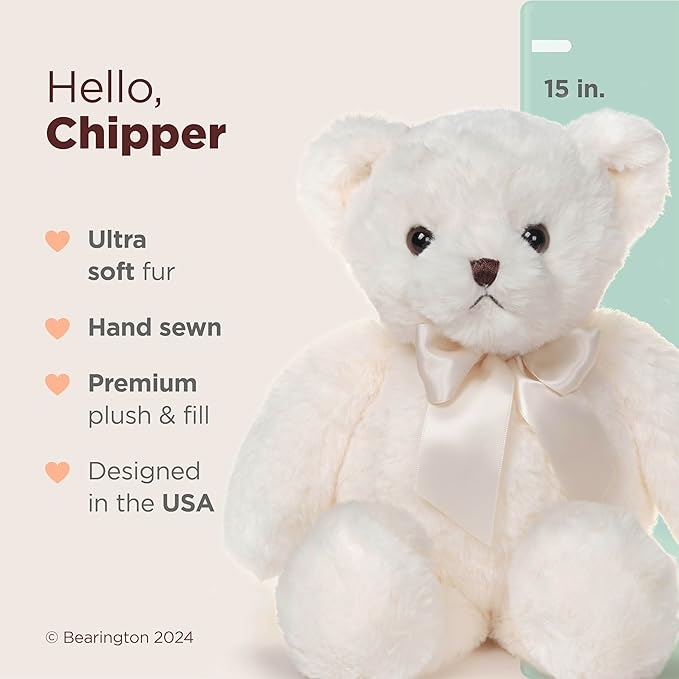 Bearington Chipper 15" White Plush Teddy Bear Stuffed Animal for Birthday Gift - Graduation Gifts Stuffed Animals - Snuggly Toy for Kids, Teens & Adults