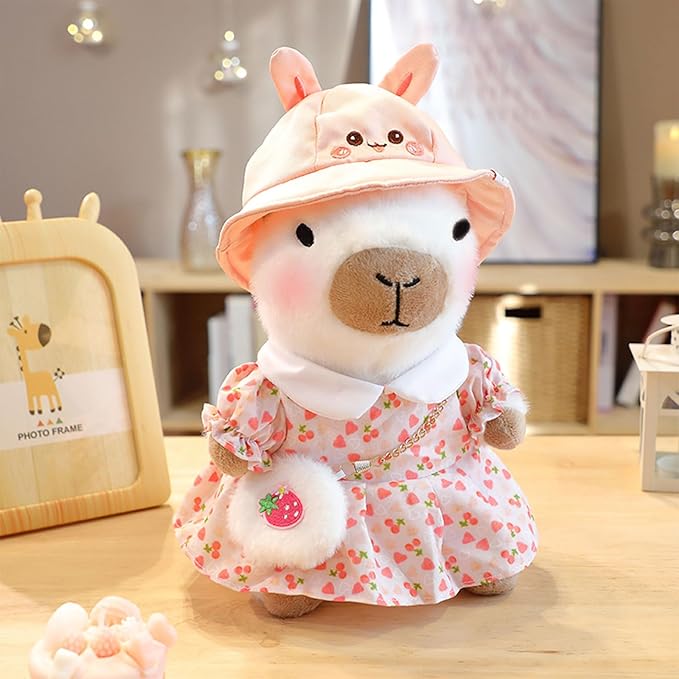 Capybara Plush with 9 pcs Clothes & Accessories, 10.2 in Cute Capybara Stuffed Animal Plush Toys, Dress Up Cute Plushies for Girls/Boys (White)