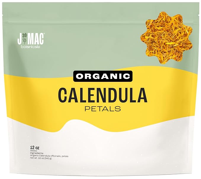 J Mac Botanicals, Organic Calendula Petals (12 oz) edible dried flowers, pairs well with rose petal for ice cubes, cooking, beverages, and bath bombs