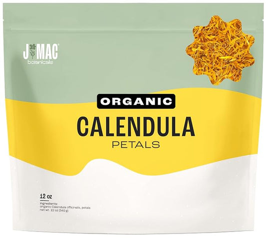 J Mac Botanicals, Organic Calendula Petals (12 oz) edible dried flowers, pairs well with rose petal for ice cubes, cooking, beverages, and bath bombs