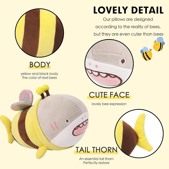 ARELUX 14in Yellow Bee Plush Pillow, Anime Bee Shark Plushie Doll, Soft Stuffed Toy, Kids Plush Pillow