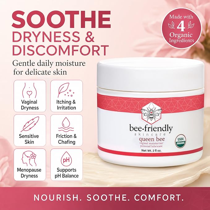 BeeFriendly® Organic Vaginal Moisturizer, USDA Certified, 4 oz (2 Jar Box) | Natural Vulva Cream, For Dryness, Itching, Irritation, Redness & Chafing, Due to Menopause & Thinning