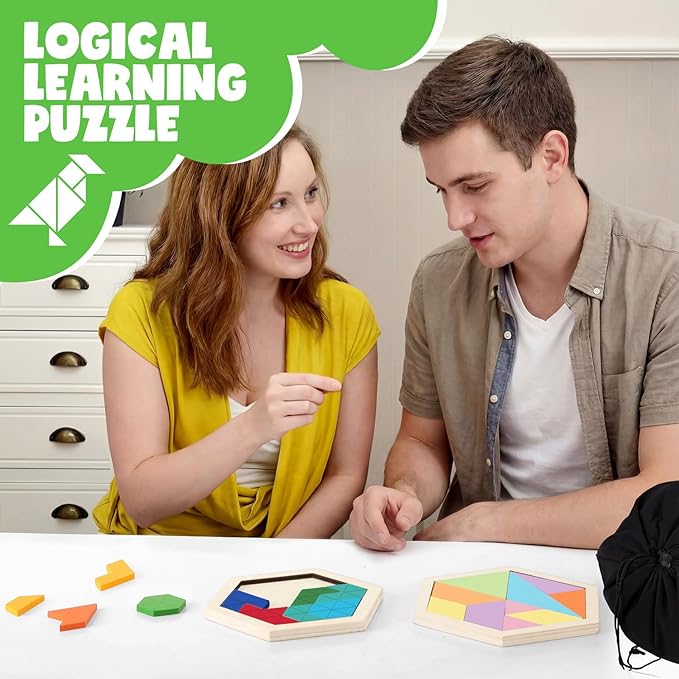 Yunsailing 3 Pack Hexagon Tangram Puzzle Wooden Brain Puzzles with Storage Bag Challenge Wood Russian Blocks Brain Teasers Geometric Jigsaw Block Logic Iq Stem for Family Party Gift