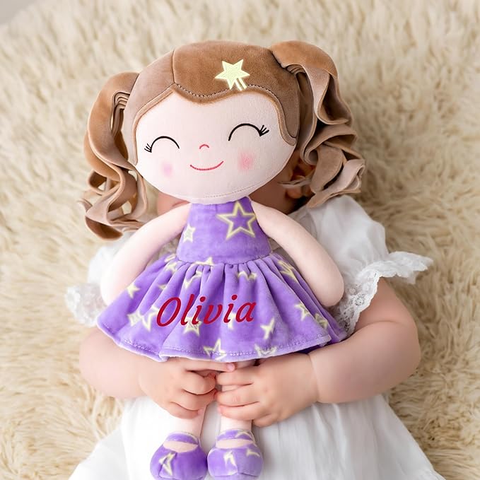 Gloveleya Personalized Baby Doll – Custom Name Rag Doll Gift for Girls | Soft Plush Keepsake Toy | Birthday, Baby Shower & Holiday Present – Purple Stars 12’’