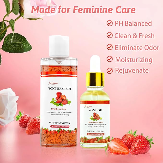 forvirness Natural Feminine Wash Yoni Wash Yoni Oil Set, Cleanse - Remove Odor - pH Balance for Women, 1 fl.oz Feminine Oil & 6.7 fl.oz Intimate Wash with Cleaning Factor - Strawberry Scent