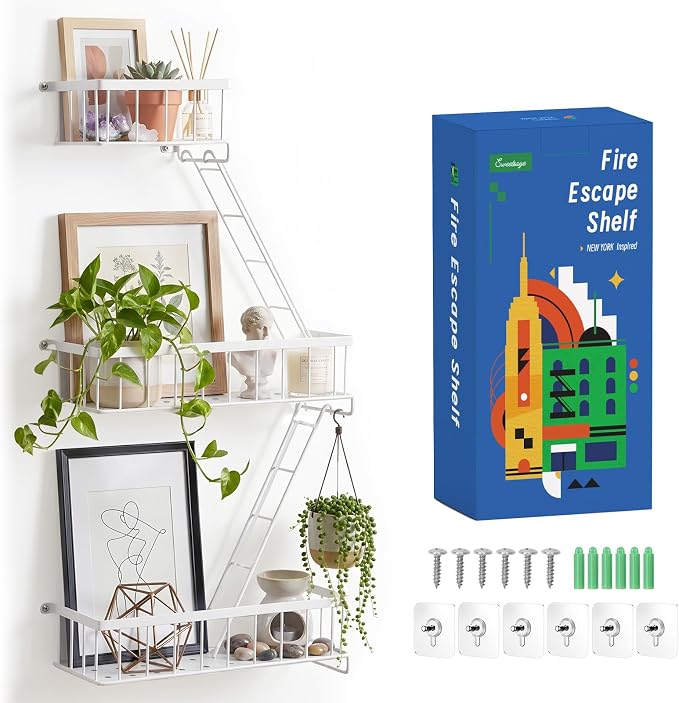 Fire Escape Wall Shelf White - Modern New York City Wall Decorative Display Ladder Floating Shelves for Bedroom, Home Decor, Action Figure Display (2.5-Tier)